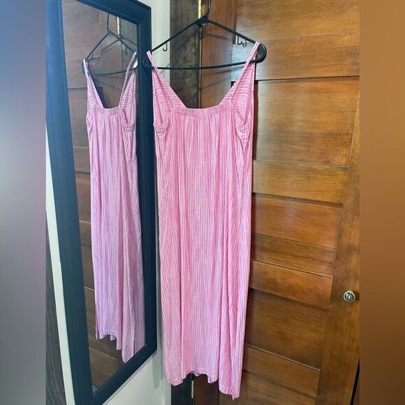 New Splendid Pink & White Midi Dress Linen Blend Vertical Striped Size Large - Picture 7 of 10